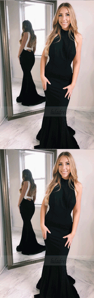 Mermaid Jewel Open Back Sweep Train Black Satin Prom Dress,BW97238