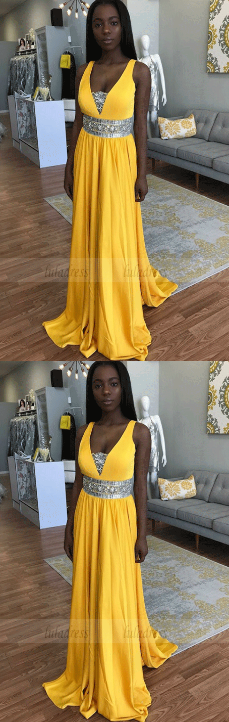 A-Line Scoop Sweep Train Yellow Satin Prom Dress with Beading