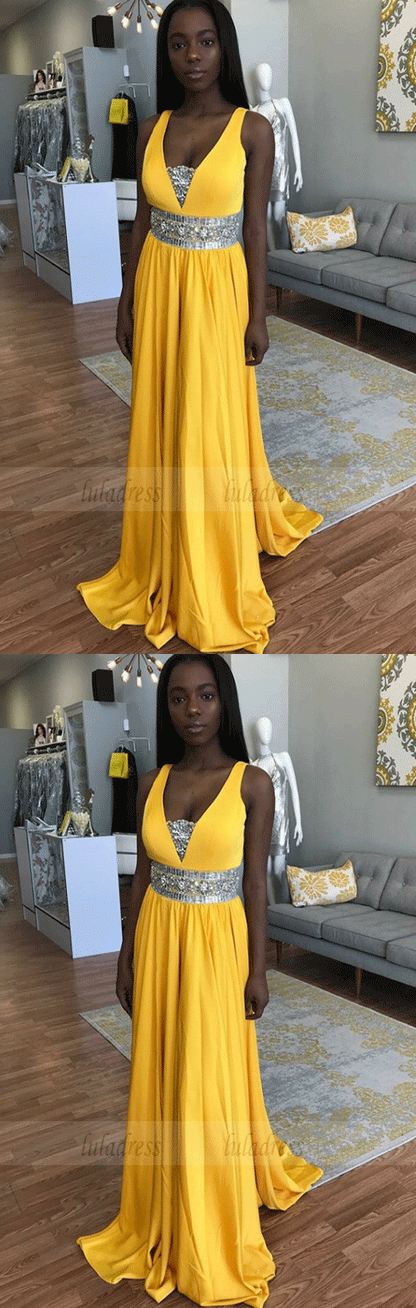 A-Line Scoop Sweep Train Yellow Satin Prom Dress with Beading