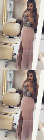 Sheath Scoop Floor Length Blush Satin Prom Dress with Beading Split