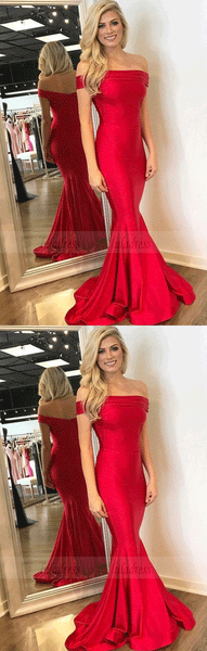 Mermaid Off-the-Shoulder Red Satin Prom Dress,BW97233
