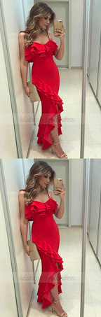 V Neck Ruffled Red High Low Prom Dresses