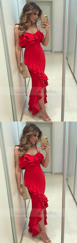 V Neck Ruffled Red High Low Prom Dresses