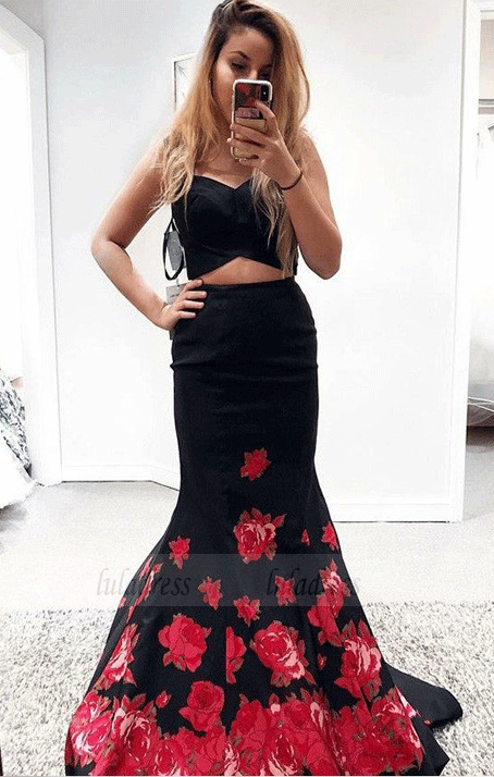 Mermaid Two Piece Sweetheart Print Floral Prom Dresses,BW97090