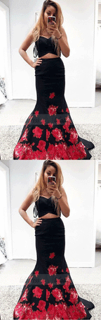 Mermaid Two Piece Sweetheart Print Floral Prom Dresses