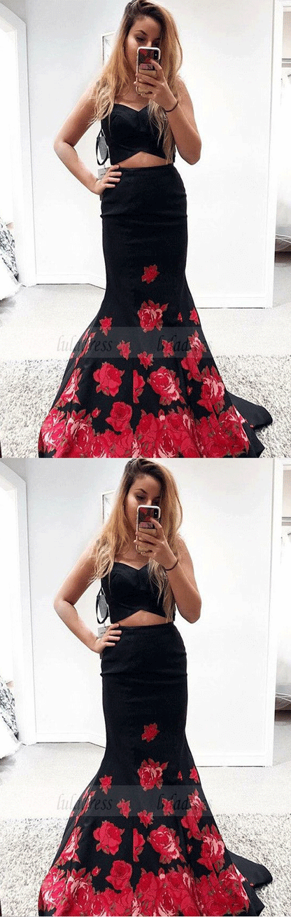 Mermaid Two Piece Sweetheart Print Floral Prom Dresses
