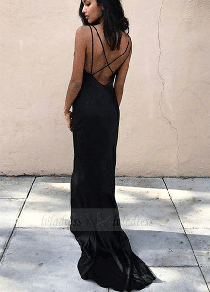 V Neck Cross Back Black Long Prom Dresses, Formal Evening Dresses,BW97091