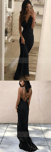 V Neck Cross Back Black Long Prom Dresses, Formal Evening Dresses,BW97091