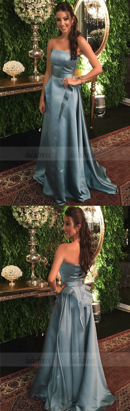 Unique A Line Strapless Prom Dresses,Satin Ball Dresses