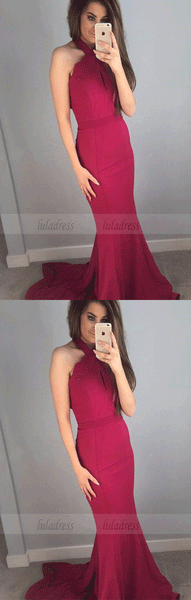 Halter Mermaid Long Red Evening Dress with Key Hole,BW97169