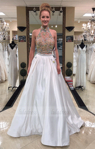 Two Piece White Satin Prom Dresses Long Beaded Evening Dresses,BW97143