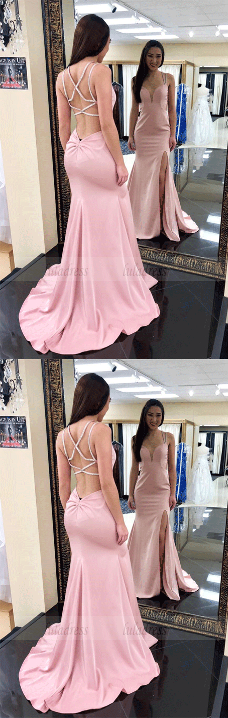 Gorgeous Straps Pink Mermaid Long Prom Dress with Side Slit