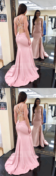 Gorgeous Straps Pink Mermaid Long Prom Dress with Side Slit,BW97171