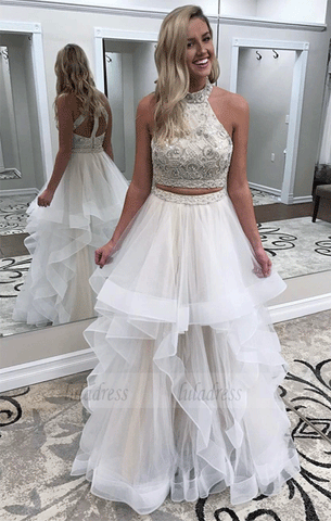 Two Piece Beads White Long Prom Dress,BW97172