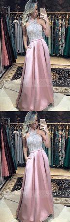 A-Line Halter Prom Dresses with Beading
