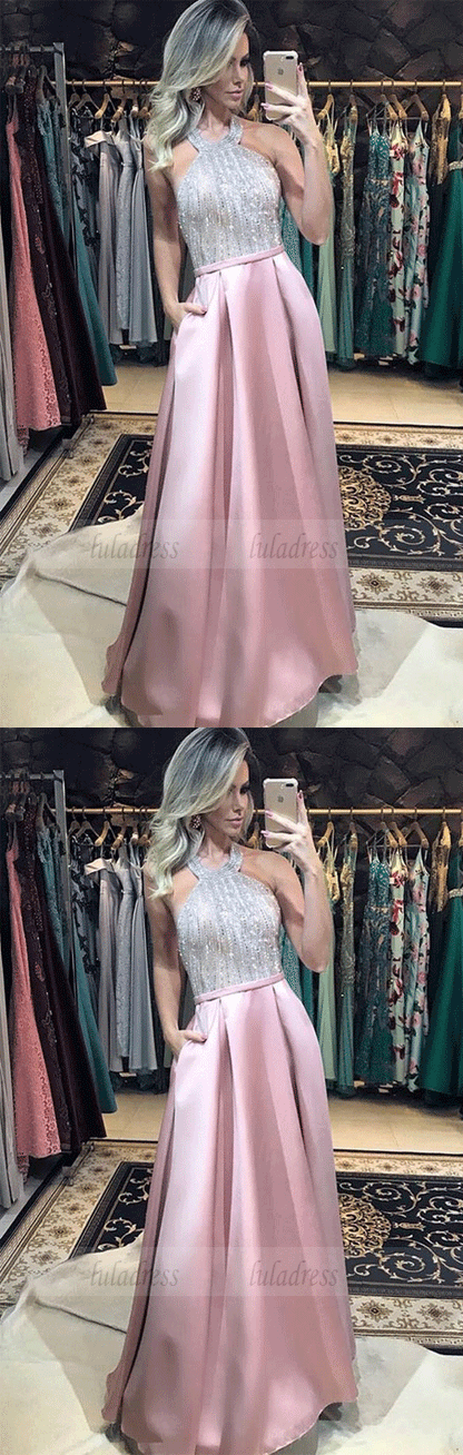 A-Line Halter Prom Dresses with Beading
