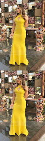 Sheath Halter Backless Yellow Long Prom Dresses, Elegant Evening Dresses