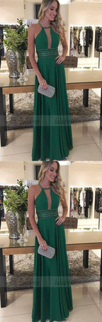 A Line Halter Cross Back Long Prom Dresses with Beading