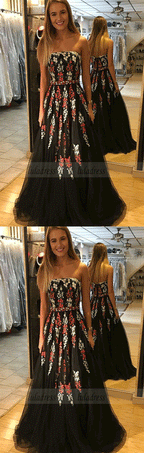 A-Line Strapless Floor-Length Black Prom Dress with Appliques