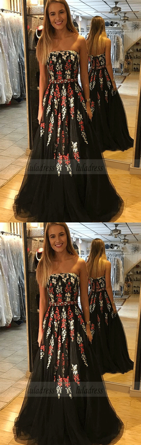 A-Line Strapless Floor-Length Black Prom Dress with Appliques