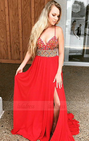 A-Line Spaghetti Straps Sweep Train Red Prom Dress with Beading,BW97067