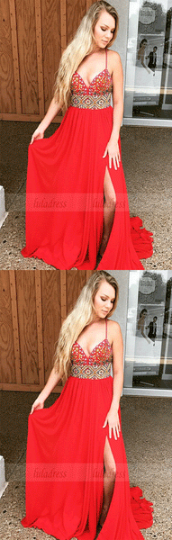 A-Line Spaghetti Straps Sweep Train Red Prom Dress with Beading,BW97067