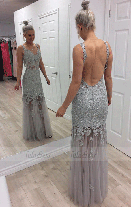 Backless Prom Dresses, Lace Tulle Prom Dresses,BW97070