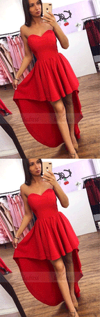 A-Line Sweetheart High-Low Red Satin Homecoming Dress with Pleats