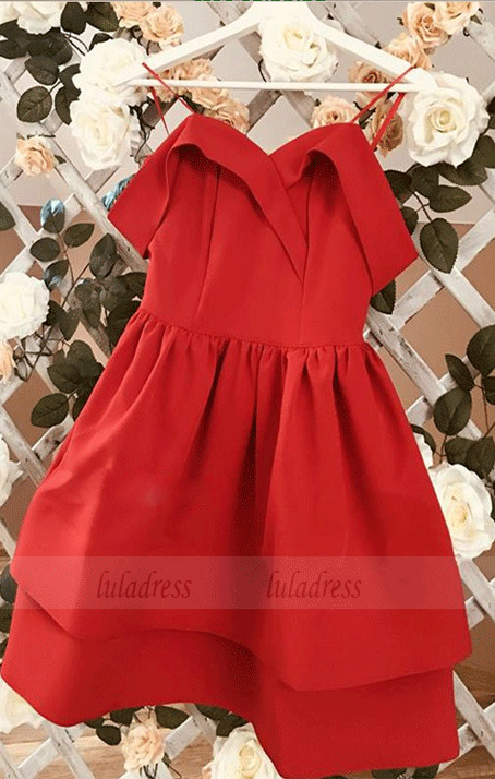 A-Line Off-the-Shoulder Above-Knee Red Satin Tiered Homecoming Dresses