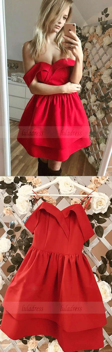 A-Line Off-the-Shoulder Above-Knee Red Satin Tiered Homecoming Dresses