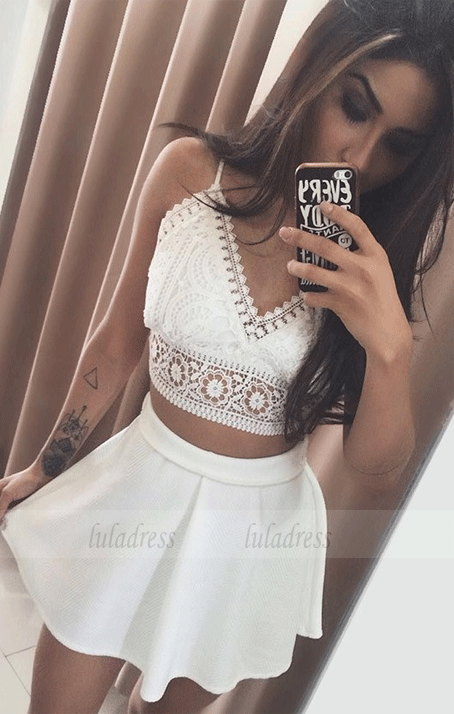 Two Piece Spaghetti Straps Short White Homecoming Dress with Lace