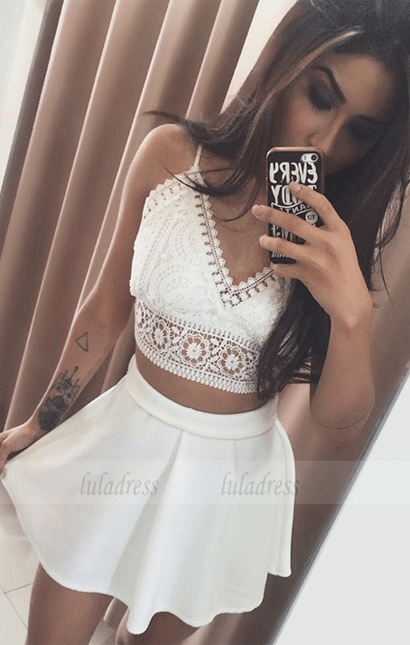 Two Piece Spaghetti Straps Short White Homecoming Dress with Lace,BW97075