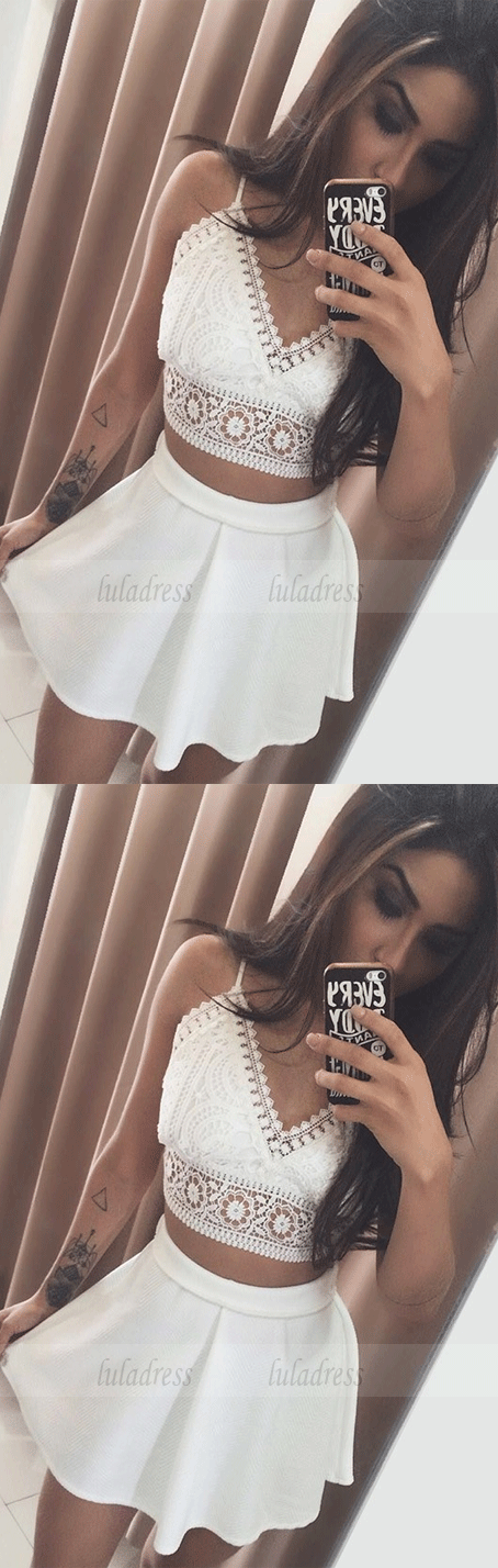 Two Piece Spaghetti Straps Short White Homecoming Dress with Lace
