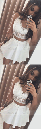 Two Piece Spaghetti Straps Short White Homecoming Dress with Lace