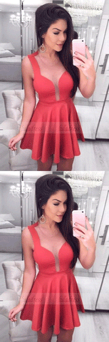 A-Line Crew Short Red Satin Homecoming Party Dresses