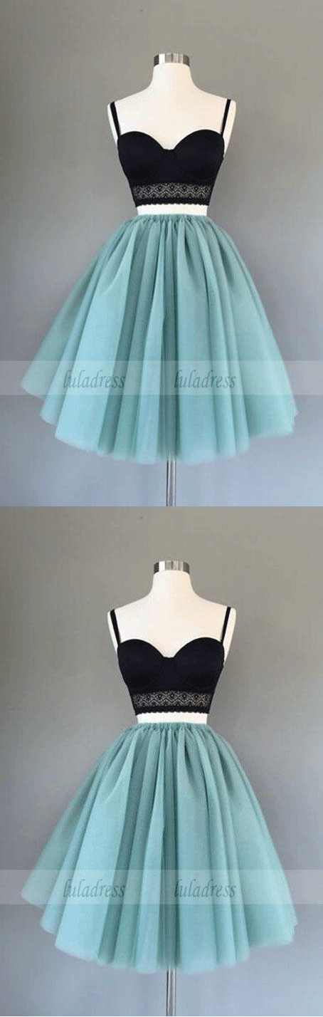 Cute two pieces black top short homecoming dress, tulle prom dresses