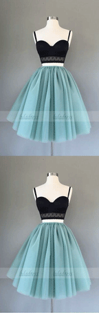 Cute two pieces black top short homecoming dress, tulle prom dresses