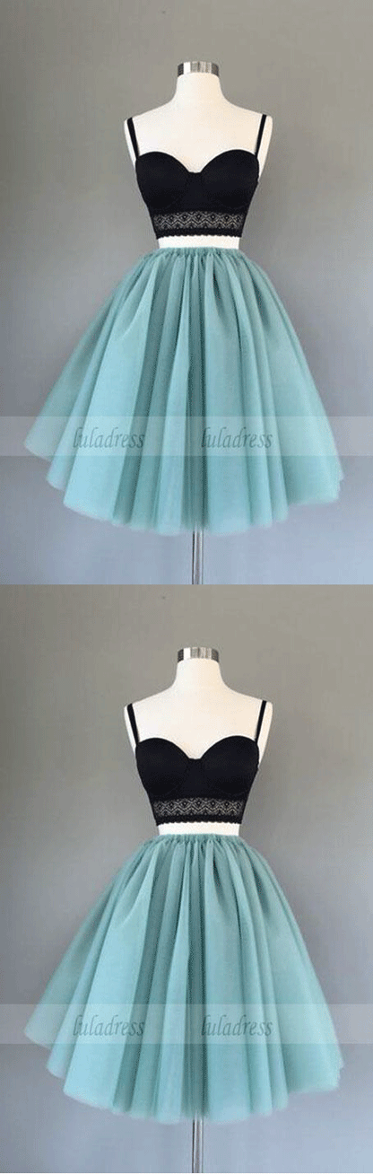 Cute two pieces black top short homecoming dress, tulle prom dresses