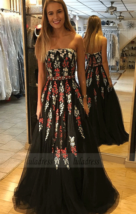 A-Line Strapless Floor-Length Black Prom Dress with Appliques,BW97066