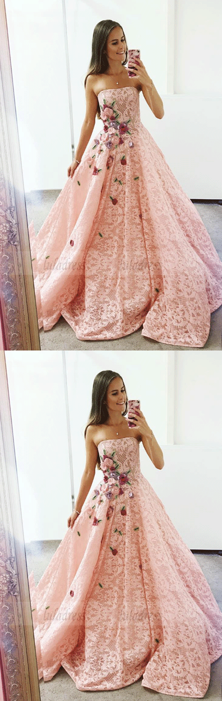 Lace Flower Appliques Long Prom Formal Dress