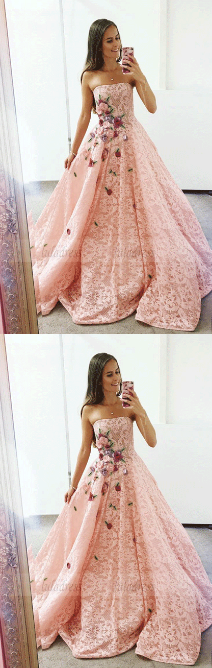 Lace Flower Appliques Long Prom Formal Dress