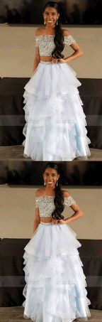 Sparkly Sequins Off the Shoulder Sky Blue Long Prom Dress