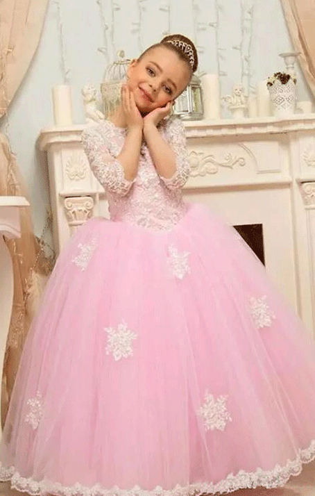 Flower Girl Dress, Princess Pink Long Sleeves Backless Flower Girls Dresses