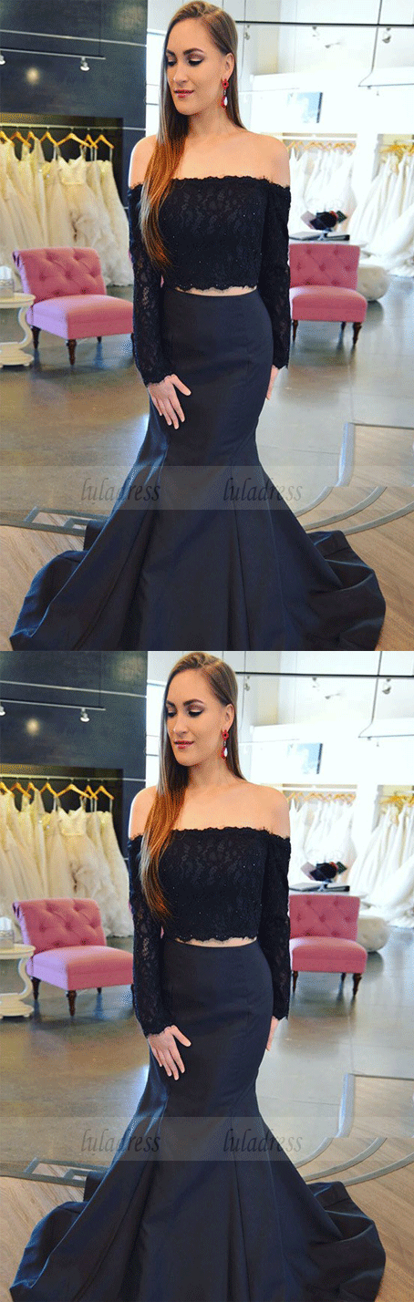 Two Piece Off-the-Shoulder Long Sleeves Navy Blue Prom Dress with Lace –  luladress