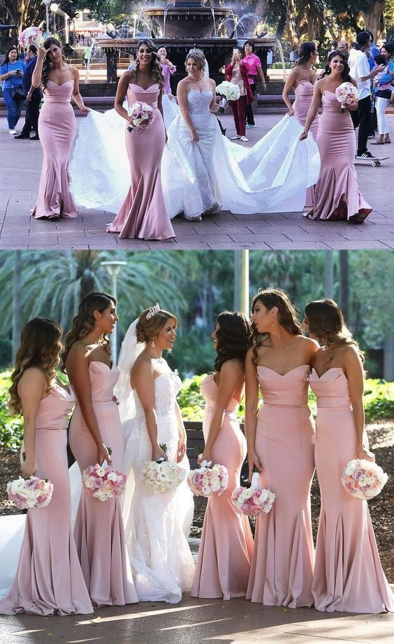 Mermaid Long Strapless Blush Pink Satin Bridesmaid Dresses Party Dresses Custom Color / US18 Mermaid Long Strapless Blush Pink Satin Bridesmaid Dresses Party Dresses Custom Color / US18