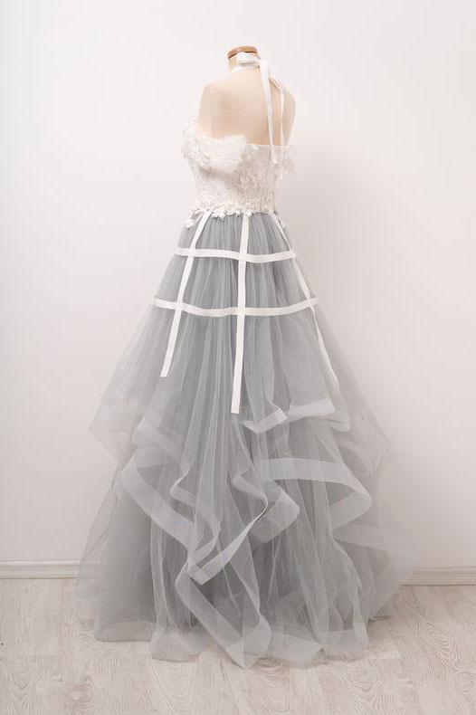 Unique Gray Tulle Lace Applique Long Prom Dress, Tulle  Evening Dress