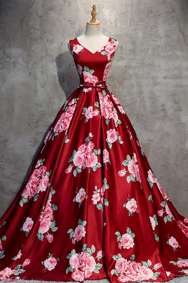 Red V-neck Satin Long Prom Dress, Red  Evening Dress,BD98025