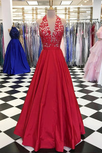 Red V-neck Tulle Lace Applique Long Prom Dress, Red  Evening Dress,BD98024