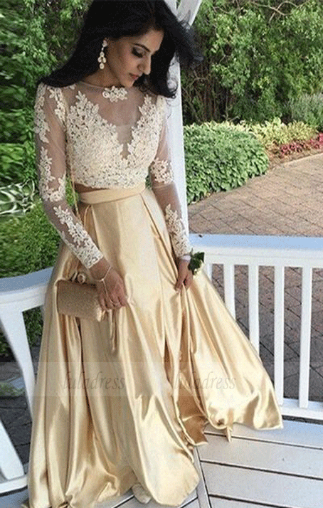 Lace Top Prom Dress,A-line Formal Dress,Prom Dresses with Long Sleeves
