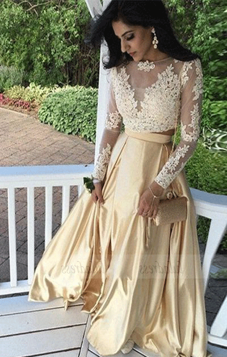 Lace Top Prom Dress,A-line Formal Dress,Prom Dresses with Long Sleeves